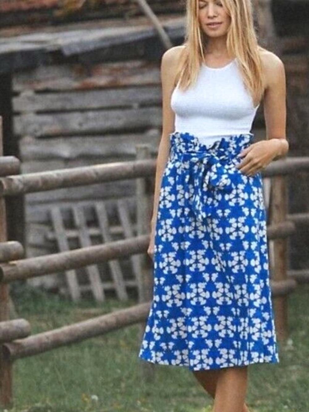 Anthropologie Paper Bag Midi Skirt Porridge Lanai Blue Belted Geo Size 1X NEW